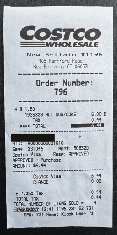 The food court receipt from warehouse 1196, with the card number blacked out.