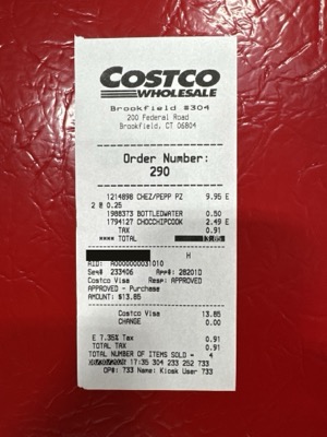 The food court receipt from warehouse 304, with the card number blacked out.