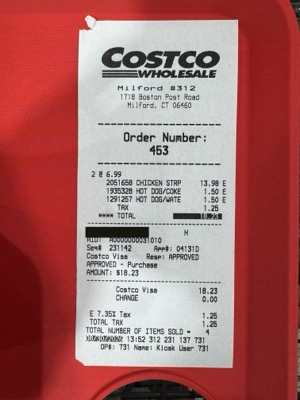 The food court receipt from warehouse 312, with the card number blacked out.
