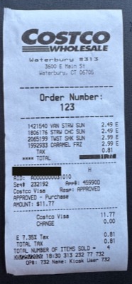 The food court receipt from warehouse 313, with the card number blacked out.