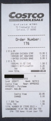 The food court receipt from warehouse 780, with the card number blacked out.